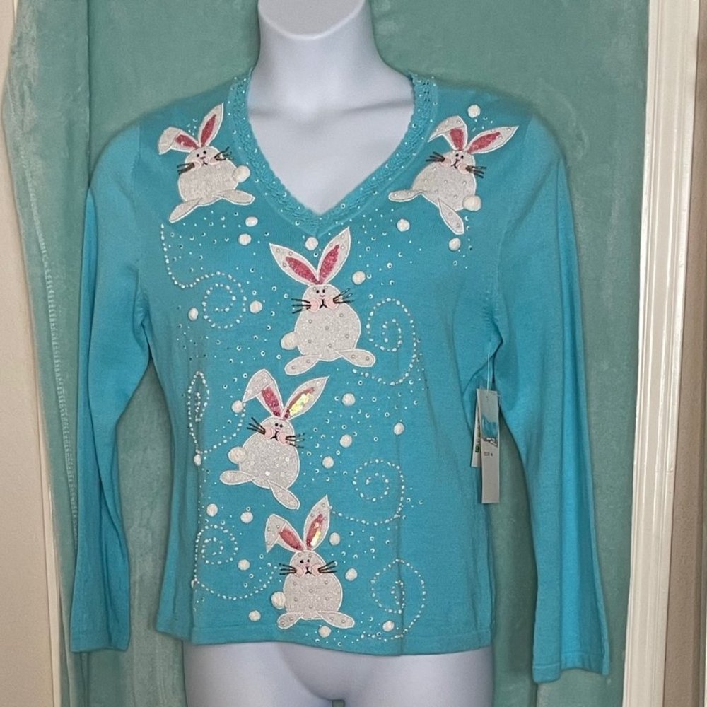 Jack Be Quick Turquoise Bunny Sweater, Size L